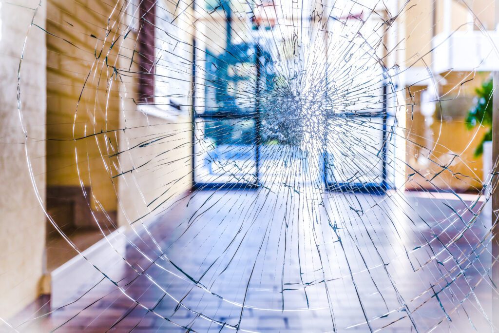 Commercial Window Film 13 A window that has shattered but held in place because of security window film installed
