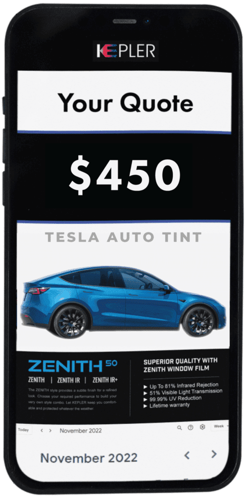 Tesla Window Tinting 1 A quote for a Tesla by TintBusiness for window tint with Kepler's Zenith window film